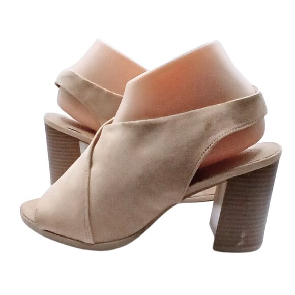 Dexflex Women Peep Toe High Block Heel Sandal Size 8 Boho Chic Vegan Textile Tan - Picture 1 of 7